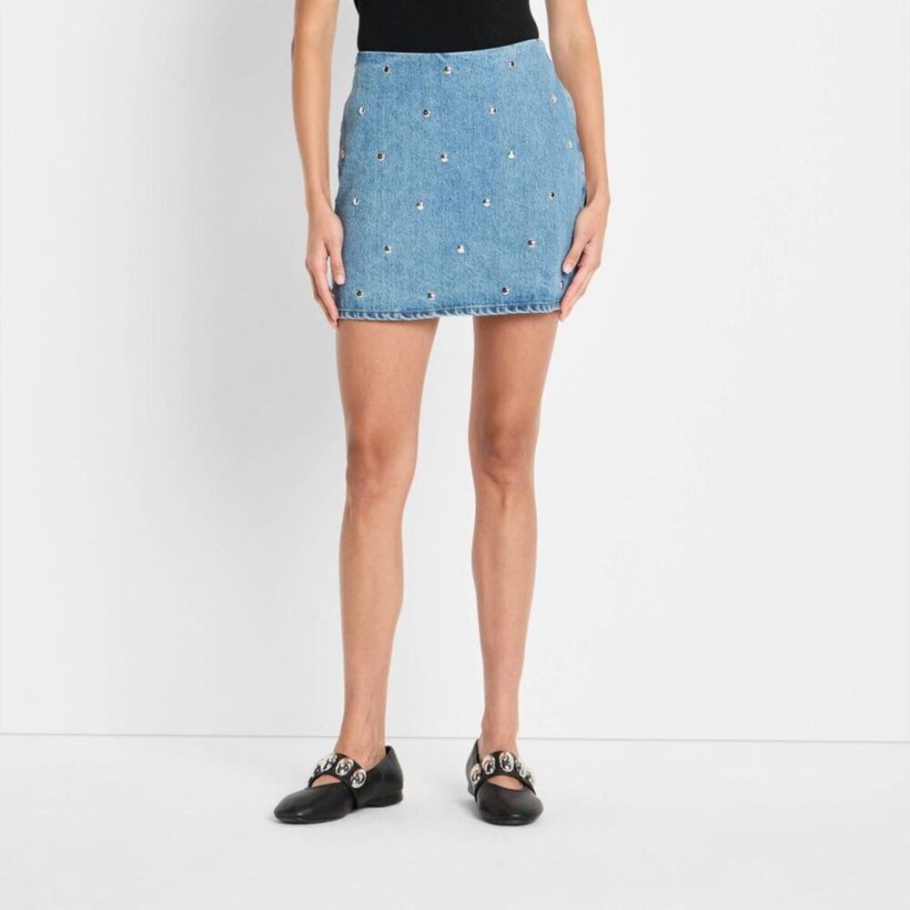 Women's Denim Studded Mini A-Line Skirt - Future Collective Blue Denim 2